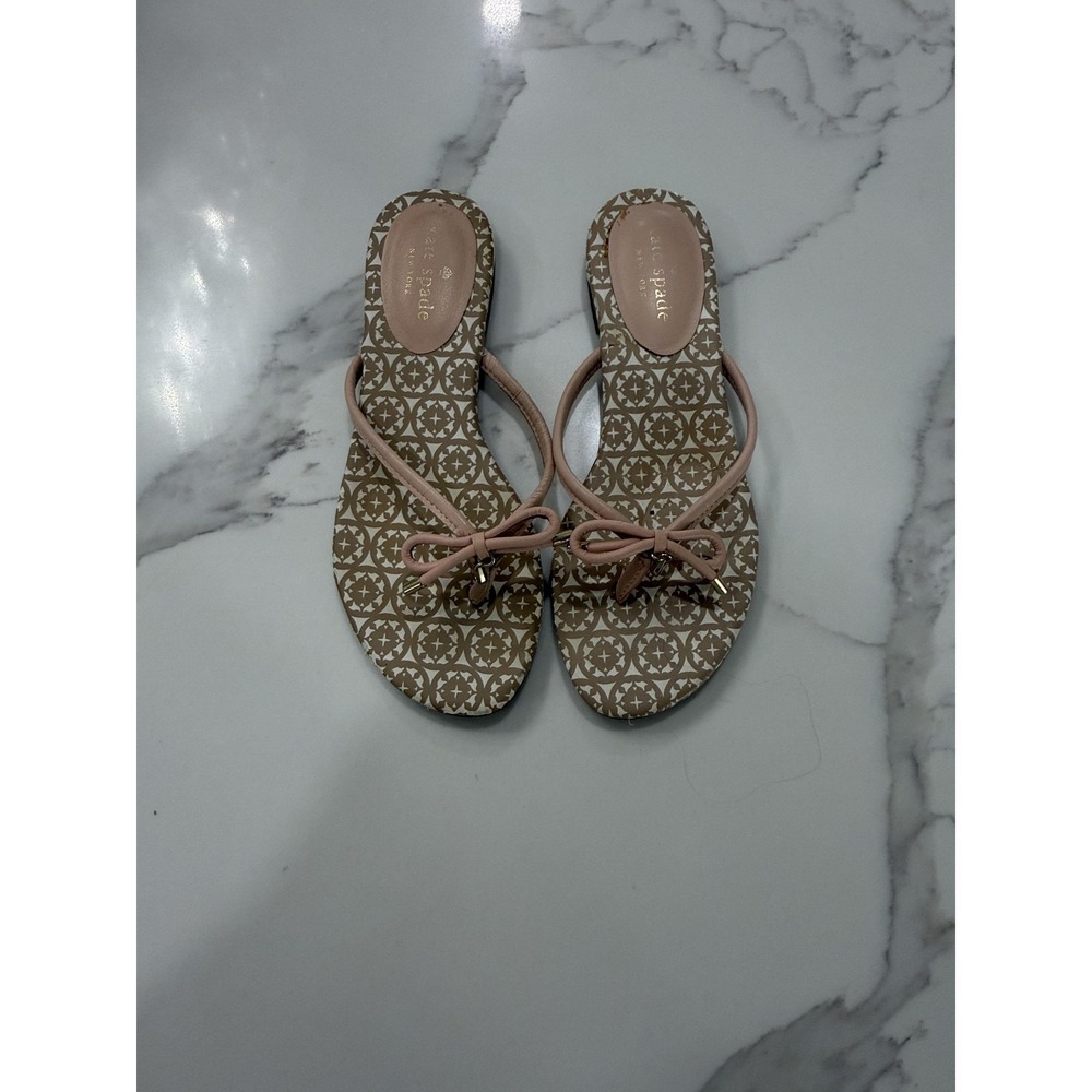 Kate Spade Sandals Shoes Womens Size 7 Beige Pink Bow Thong Logo Print Flat